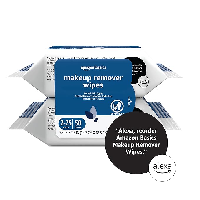 Amazon Basics Makeup Remover Wipes, Gentle Cleansing, Dermatologist Tested, Original, Plant Based, Alcohol-Free, Removes Waterproof Mascara, 25 Count Per Pack, Pack of 2