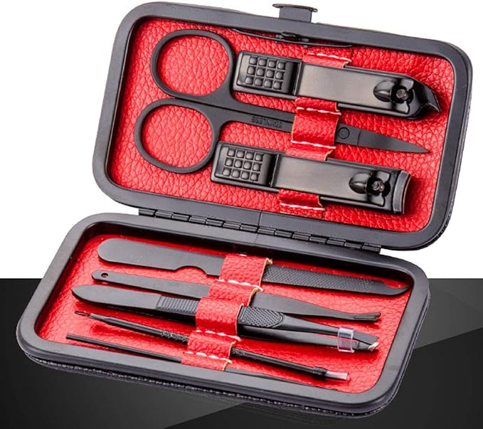 Manicure Pedicure Kit Nail Clippers Set 18 in 1 High Precision Stainless Steel Cutter File Sharp Scissors for Men & Women Fingernails & Toenails Vibrissac Scissors with Stylish Case (black&red_8in1)