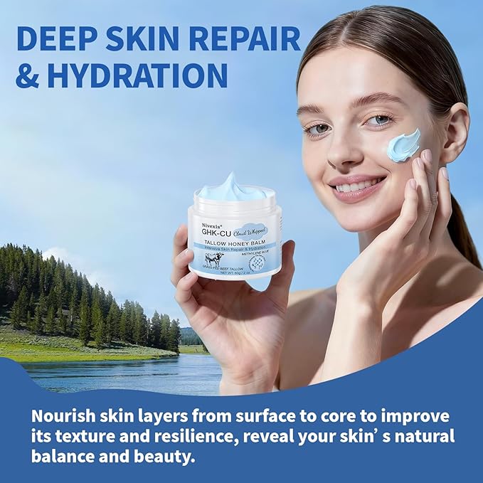 Methylene Blue Whipped Beef Tallow for Skin, Grass Fed Beef Tallow and Honey Balm for Face & Body, with Copper Peptides GHK-Cu Anti-Aging Moisturizer, Suitable for All skin types, 2 Oz