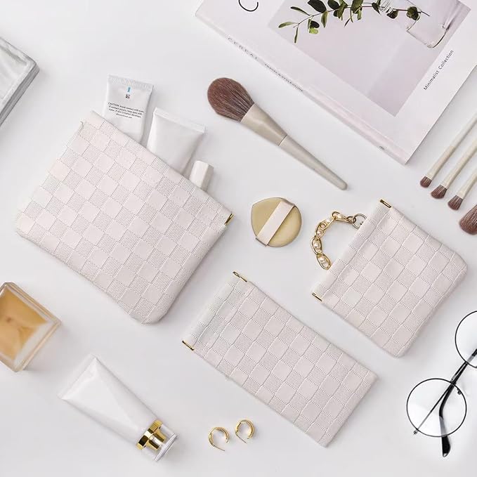 3PCS Small Makeup Bag for Purse，Waterproof Leather Portable Mini Makeup Bag,Snap Closure Organizer Pouch for Coin Cards Jewelry Lipstick Cosmetic Accessories，Small Travel Kit Storage Pouch