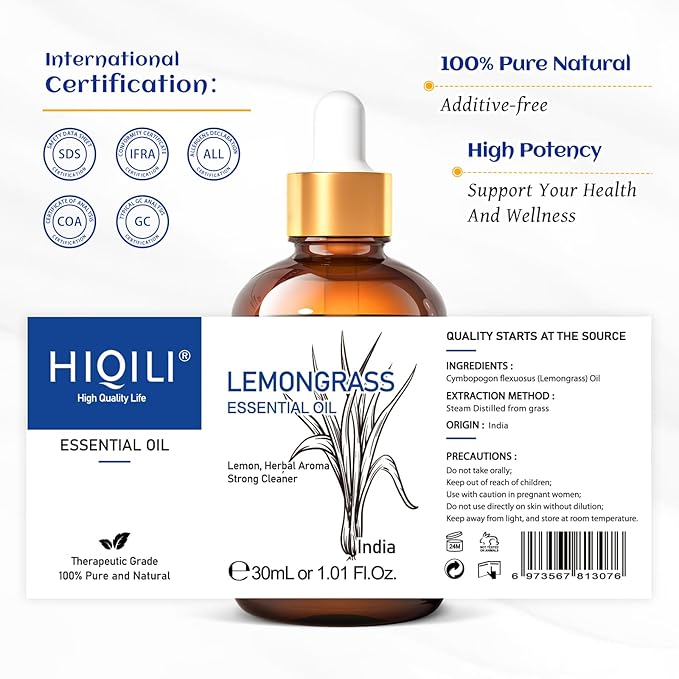 HIQILI Essential Oil, 100% Pure Natural Undiluted - Lemongrass - 1.01 Fl. Oz