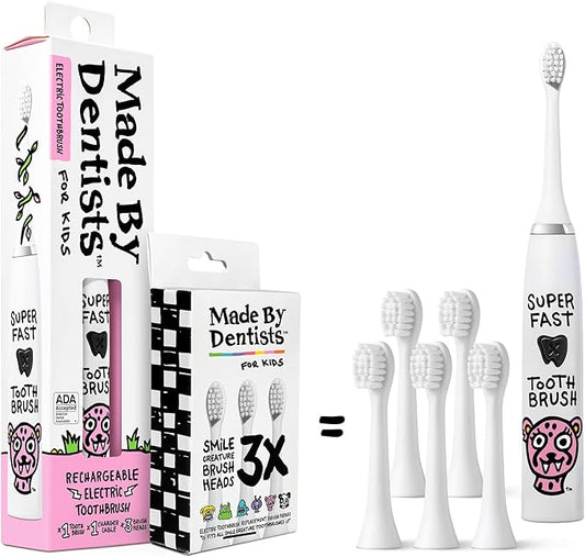 Made by Dentists Kids Electric Toothbrush - Rechargeable Vibrating Toothbrush with Timer, Includes 6 Replacement Heads, Gently Cleans Teeth, Girls and Boys, Kid & Toddlers Age 2+, Cheetah
