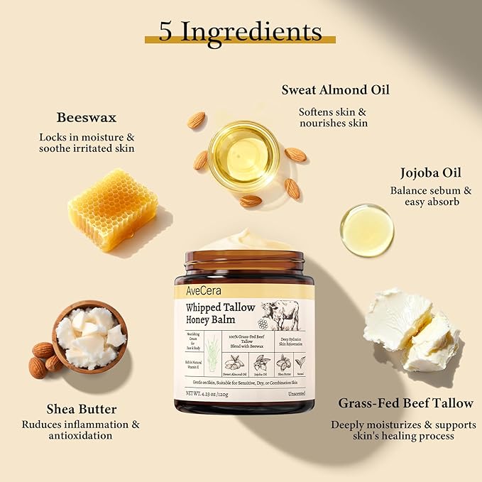 Beef Tallow for Skin - Organic Grass Fed Beef Tallow Balm for Face & Body Moisturizer - Whipped Tallow and Honey Balm Deeply Hydrates for Sensitive, Dry Skin Care - 4.23 oz, Unscented