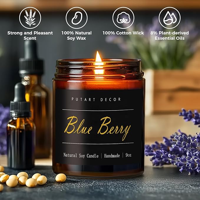 Blue Berry Candles for Home Scented, Natural Soy Aromatherapy Non Toxic Candles with Long Lasting Fragrance & Clean Burn, Luxury Jar Candle Gift for Women, Men, Home Decoration 9oz