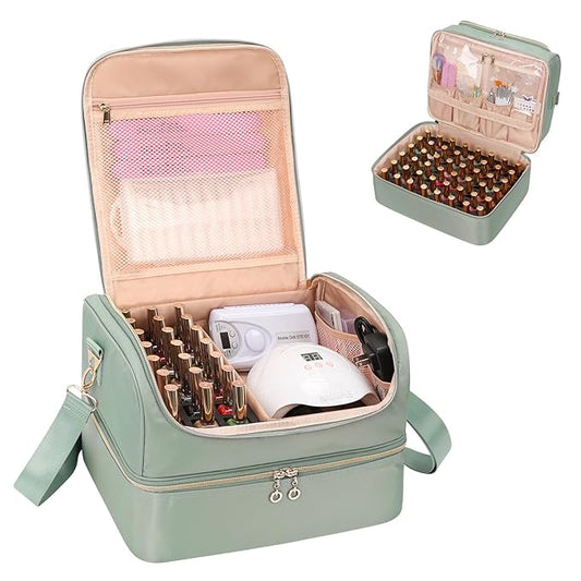 CUBETASTIC Nail Polish Organizer, Nail Tech Organizers and Storage Case Holds 69 Bottles Nail Polish & Nail Lamp, Travel Nail Supplies bag for Nail Tech Kit & Manicure Tools, Green