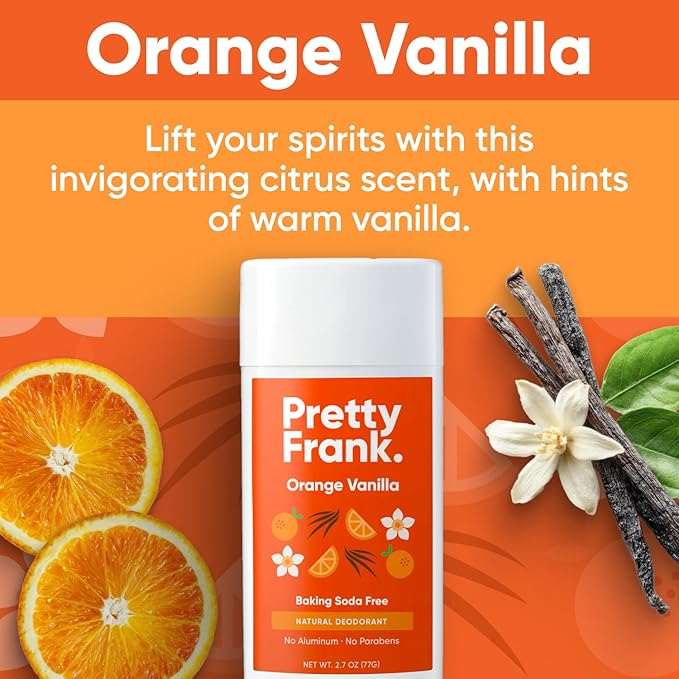 Pretty Frank Natural Aluminum-Free Deodorant Stick, Baking Soda-Free, Orange Vanilla (2-Pack) | Sensitive Skin Friendly, Effective Odor Control for Women & Men, Organic Ingredients and Essential Oils