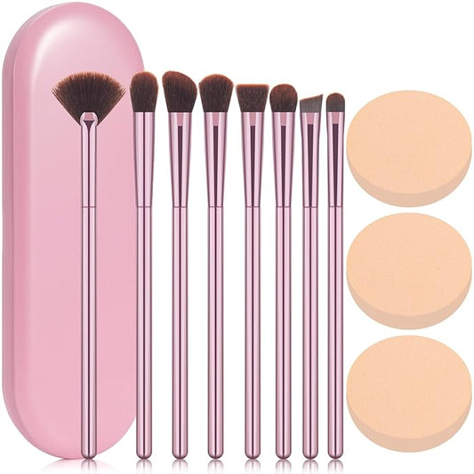 8Pcs Makeup Brushes Set Premium Eyeshadow Brush Professional Angled Eyebrow Brush Lip Brush Eyeshadow Brush Set With 3Pcs Powder Puffs and Pink Case 12 in 1