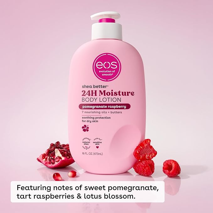 eos Shea Better Body Lotion Pomegranate Raspberry, 24-Hour Moisture Skin Care, Lightweight & Non-Greasy, Natural Shea, Vegan, 16 fl oz
