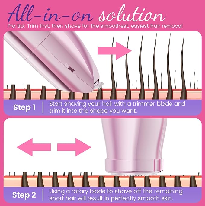 Bikini Trimmer for Women 2 in 1 Electric Razors for Women - Wet and Dry Electric Lady Shaver, Smooth Facial Hair Remover and Body Hair Trimmer for Bikini,Leg, Underarm, Face, Private Area (Rose)