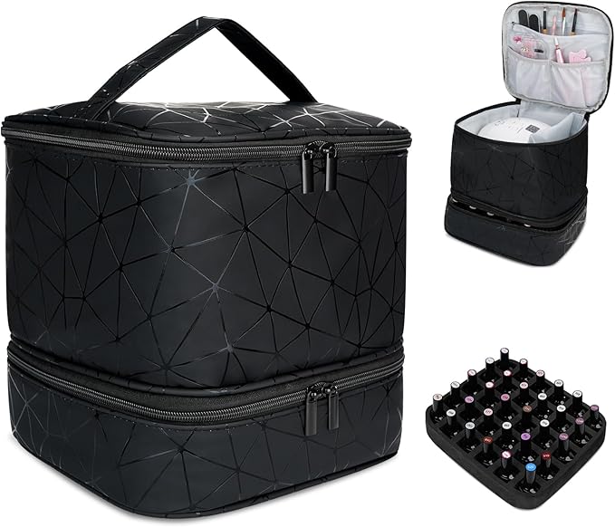 LKE Nail Polish Organizer, Nail Organizers and Storage - Double Layer Holder for Painting Nails, Holds 30 Bottles & Nail Lamp, PU Leather Professional Manicure Case with 2 Bags, Travel Essential
