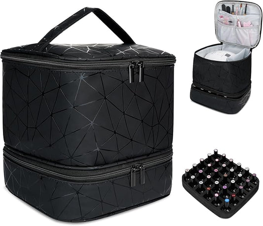 LKE Nail Polish Organizer, Nail Organizers and Storage - Double Layer Holder for Painting Nails, Holds 30 Bottles & Nail Lamp, PU Leather Professional Manicure Case with 2 Bags, Travel Essential