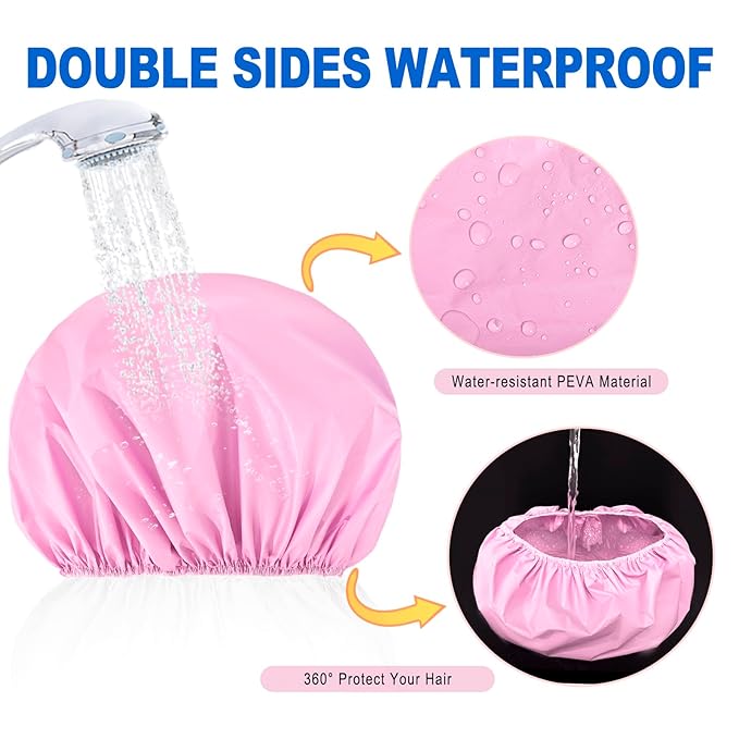 6 PCS Shower Caps for Women, Double Side Waterproof Shower Cap, Reusable Elastic Bath Caps for Shower, EVA Bathing Shower Caps, Bath Hair Caps - Black White Pink Yellow Brick Red Dark Green