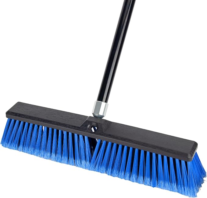 18 Inches Outdoor Push Broom Heavy Duty Shop Broom with 63" Long Handle for Deck Driveway Garage Yard Patio Concrete Floor Cleaning(Blue)