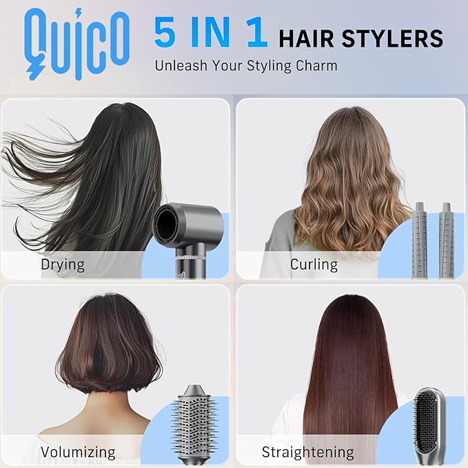 Quico 5 in 1 Blow Dryer Brush Set, Hot Hair Styler with Rotating Hair Dryer Brush, Auto Air Curler, Oval Brush, Curling Wand Set with Air Filter, Multi Styler Hair Tool, No Heat Damage