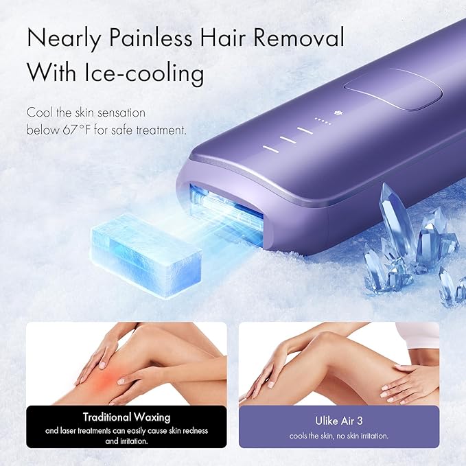 Ulike Laser Hair Removal for Women and Men, Air 3 Ice-Cooling IPL Hair Removal Device for Nearly Painless & Long-Lasting Results, 3 Modes & Auto Flashing for Fast Full Body Hair Removal from Home