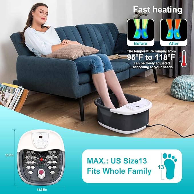 Foot Spa Bath Massager with Heat, Foot Bath with 22 Massage Rollers, Temperature Control, Jets, Bubbles, Epsom Salt and Vibration, Foot Soaking Tub for Relaxation - Grey