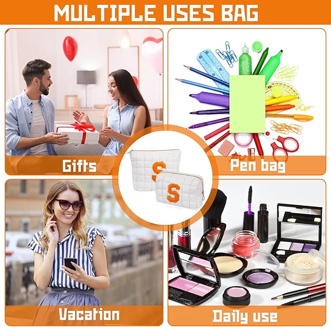 2PCS Initial Checkered Makeup Bag, Large Quilted Cosmetic Bag, Cute Make up Pouch for Purse, Travel Toiletry Storage Bag for Women Preppy Teen Girls Gift Trendy Stuff Gift (White K)