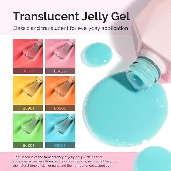 MelodySusie Jelly Gel Nail Polish Set,6 Transparent Colors,Milky or Jelly Texture,Spring and Summer Macaron Colors Soak Off UV LED Light Cure or Salon Manicure and Nail Art DIY at Home