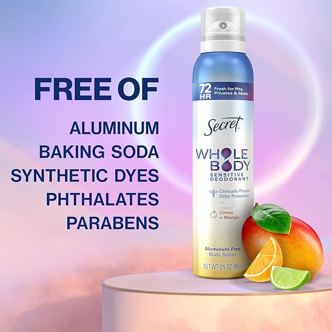 Secret Whole Body Deodorant for Women, Spray Citrus & Melon Scent, Aluminum Free Deodorant Spray, 72 HR Odor Protection, 3.5 oz