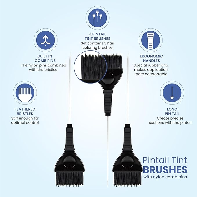Pintail Hair Dye Brushes - 3 Tint Brushes with Built In Comb for Hair Color - Pin Tail for Precise Sectioning - Color Brushes for Hair Salon (Black)