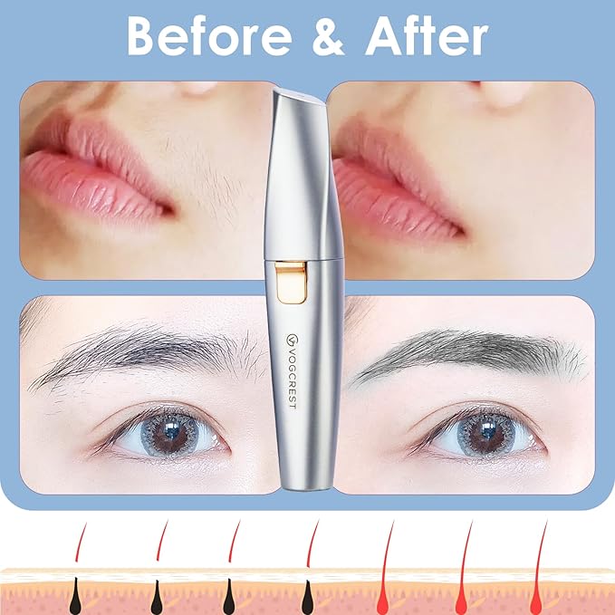 VG VOGCREST Eyebrow & Facial Trimmer: 2 in1 Rechargeable Facial Hair & Eyebrow Shaver - Painless LED Light (Sky Blue)
