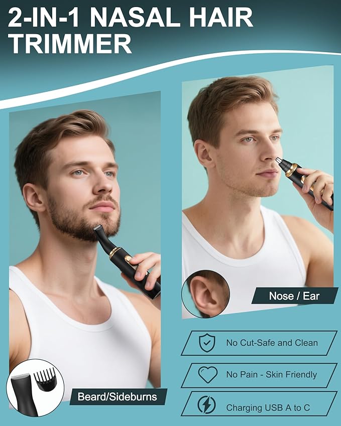 Ear and Nose Hair Trimmer for Men Women with LED Display, 2 in 1 Painless USB Rechargeable Nose Trimmer Clipper Eyebrow & Facial Hair Remover, 13,000 RPM,Dual Edge Blades,Waterproof,Black Gold