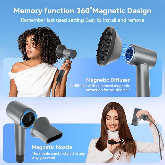 Hair Dryer, 160000 RPM High-Speed Ionic Hair Drye Portable Lightweight Blow Dryer with 500 Million Negative Ions, Hair Dryer with Magnetic Diffuser & Nozzle for Home and Travel