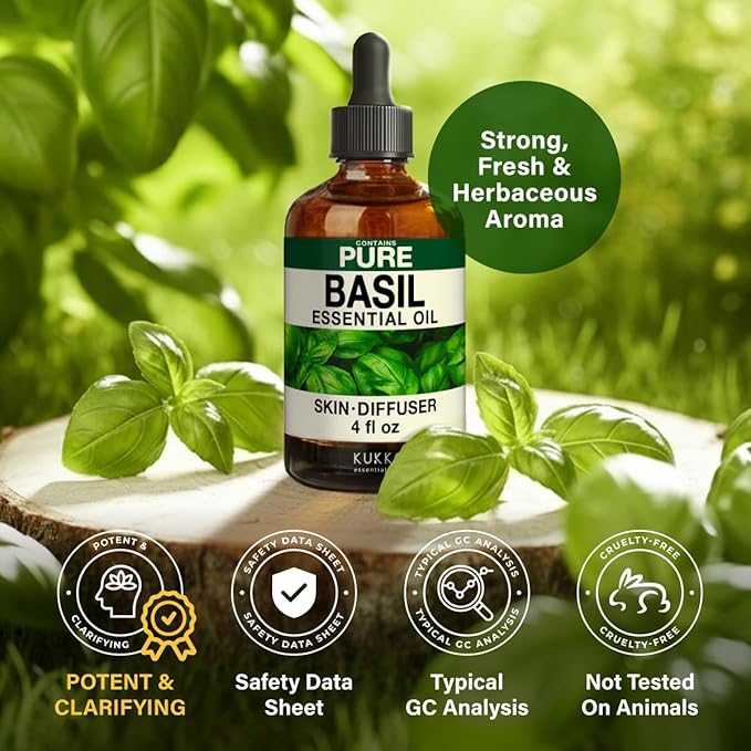 KUKKA Basil Essential Oils - 4 Fl Oz - for Hair, Skin, Diffuser, Aromatherapy & DIY Soap Making Scent