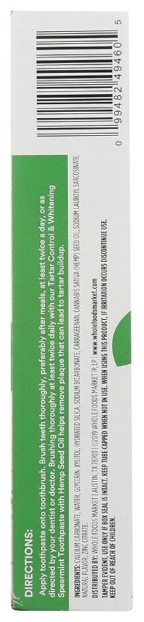 365 by Whole Foods Market, Toothpaste with Hemp Seed Oil, Spearmint, Tartar Control & Whitening, Fluoride-Free, 5.5 Ounce