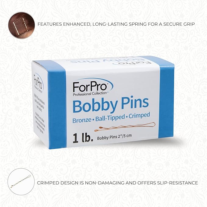 ForPro Professional Collection Bobby Pins (400-Count Approx), Bronze, 2" L, Ball-Tipped, Crimped, Non-Slip, Non-Damaging, 1 Lb.