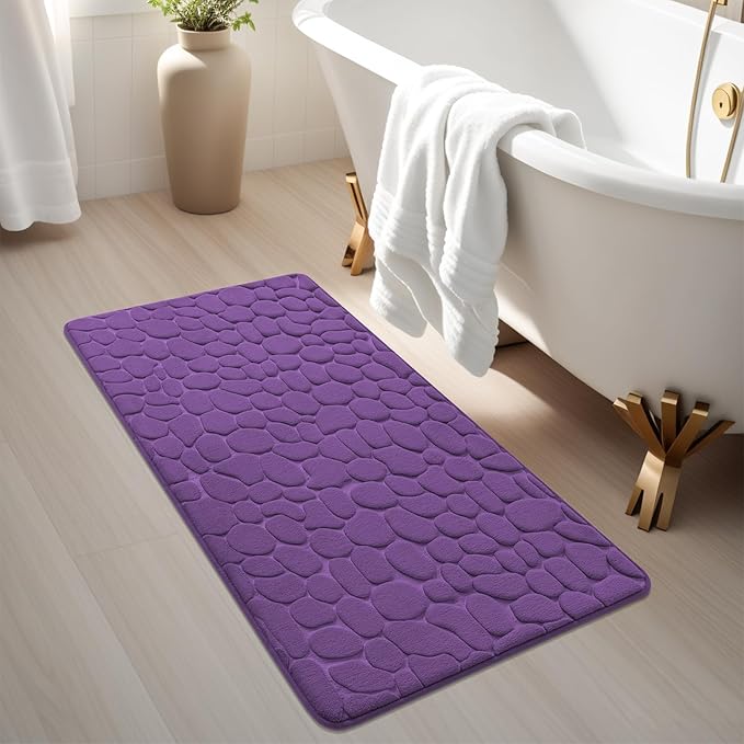 YIHOUSE Memory Foam Runner Rug, Cobblestone Bathroom Runner Rugs Super Water Absorbent Bath Mats for Bathroom Machine Washable Bath Rugs for Hallway Bedroom Laundry Room(24 x 47,Eggplant)