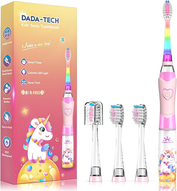 Kids Electric Toothbrush Toddler Toothbrush Age 2-4-8-12 Electric Toothbrush Kids with Timer Rainbow LED Light Up Vibrating Toothbrush Battery Operated Childrens Girls Sonic Tooth Brush (Pink Unicorn)