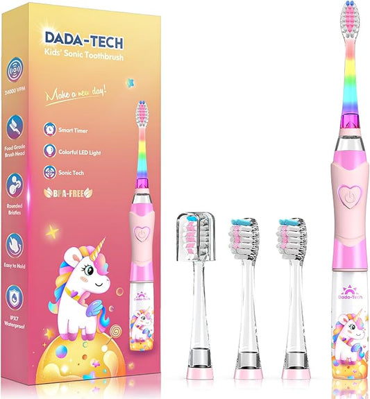 Kids Electric Toothbrush Toddler Toothbrush Age 2-4-8-12 Electric Toothbrush Kids with Timer Rainbow LED Light Up Vibrating Toothbrush Battery Operated Childrens Girls Sonic Tooth Brush (Pink Unicorn)
