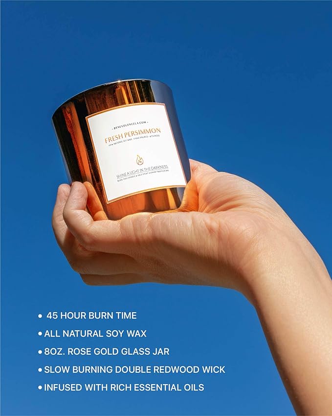 Benevolence LA Fresh Persimmon Wood Wick Candles | Soy Scented Christmas Candles for Home | Holiday Candle Gifts for Women and Men | Home Fragrance | Aromatherapy | 8oz, 45 Hour Burn