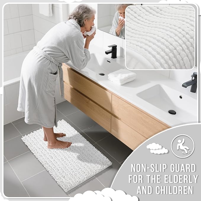 Yimobra Bathroom Rugs Non Slip Washable - Ultra Soft Absorbent Chenille Bath Mat, Quick Dry Shaggy Floor Carpet for Tub Shower, White Home Decor Accessories, 24x17 Inch