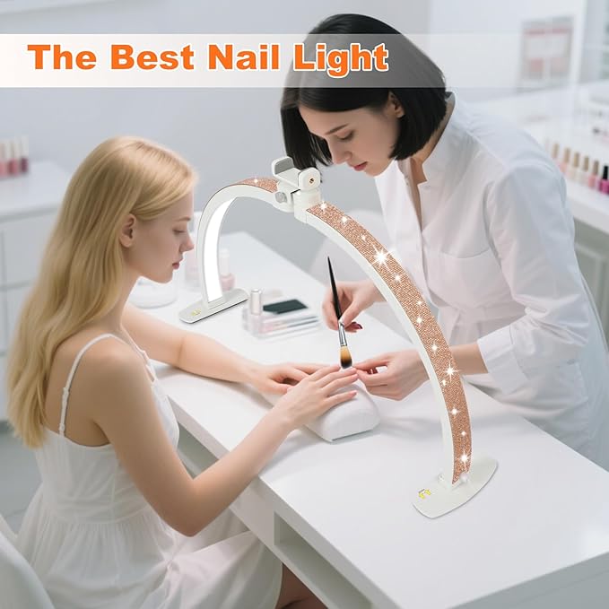 Half Moon Light for Nail Desk with Phone Holder, 28IN Folding Half-Moon Light with Shinning Diamond, LED Lamp for Nail Art, Eyelash Extension, Tattooing, Skin Management, 10 Brightness Levels, Gold