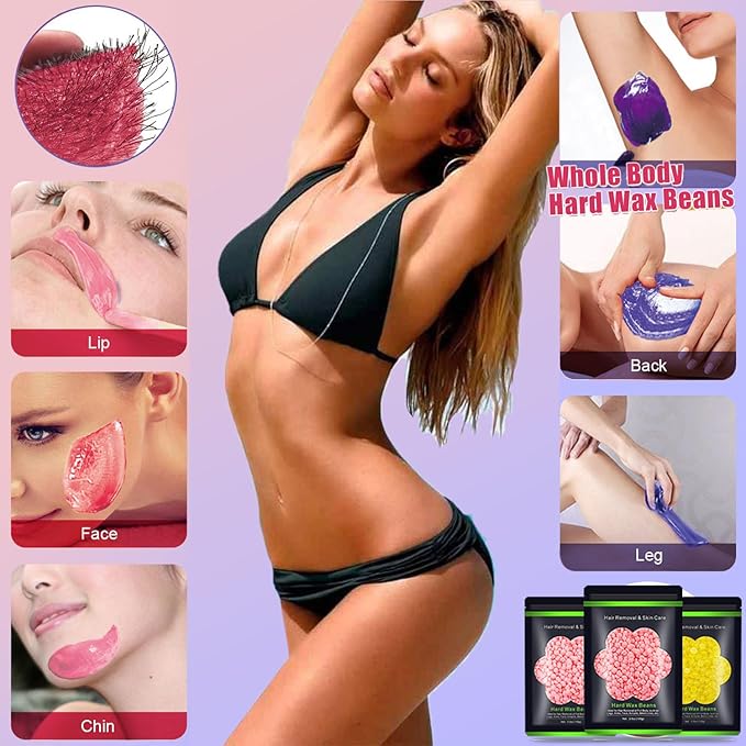Wax Beads for Hair Removal 10.5oz (300g), Auperwel Hard Wax Beads Beans for Sensitive Skin Brazilian Waxing, Face, Bikini, Eyebrow, Legs, Painless for Women Men, 3 packs Kit with 10 Sticks