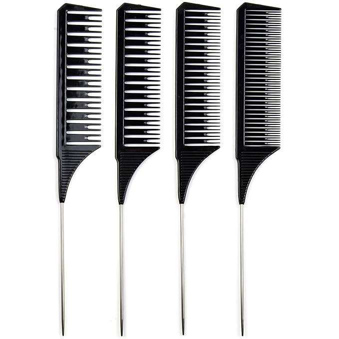 Salon Highlighting Combs Set - 4 Black Pin Tail Weaving Combs for Precise Foiling and Sectioning