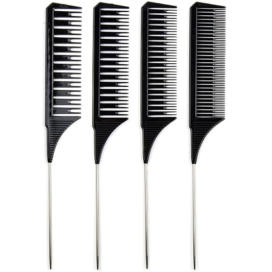 Salon Highlighting Combs Set - 4 Black Pin Tail Weaving Combs for Precise Foiling and Sectioning