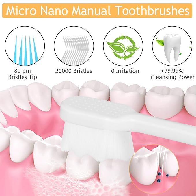 Adult Extra Soft Toothbrush with 20000 Soft Bristles, (Pack of 6) Micro Nano Manual Toothbrushes for Protect Sensitive Gums - White