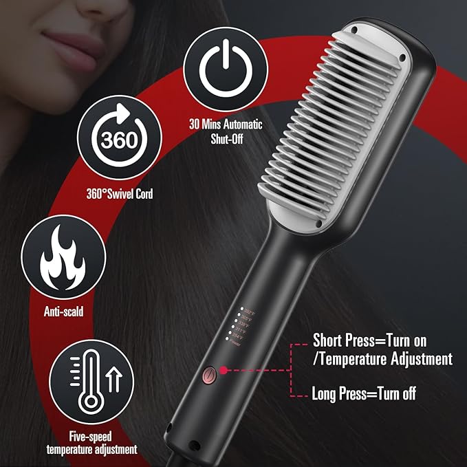 SDLOGAL Hair Straightener Brush, Straightening Comb with 5 Temps & Fast Heating, Easy & Fast Salon-Style, Plus Dual Voltage Travel Friendly