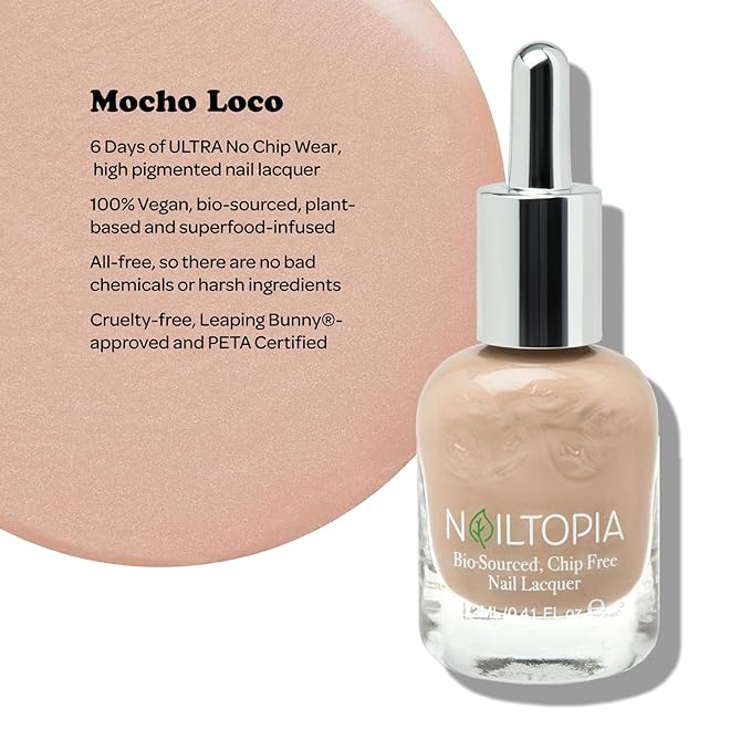 Nailtopia - Plant-Based Chip Free Nail Lacquer - Non Toxic, Bio-Sourced, Long-Lasting, Strengthening Polish - Mocho Loco (Medium Beige) - 0.41oz