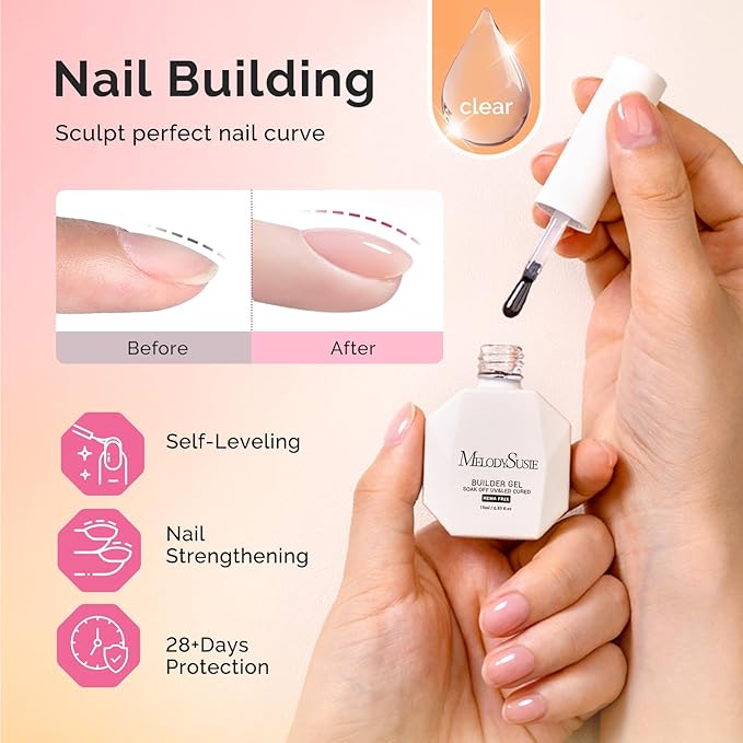 MelodySusie Hema Free Top Coat Base Coat Builder Gel Set Long Lasting Shine Finish Soak Off UV LED Nail Lamp Nail Polish Art Design Manicure Kit Perfect Gifts for Women Girls 3 Pcs 15ml Clear