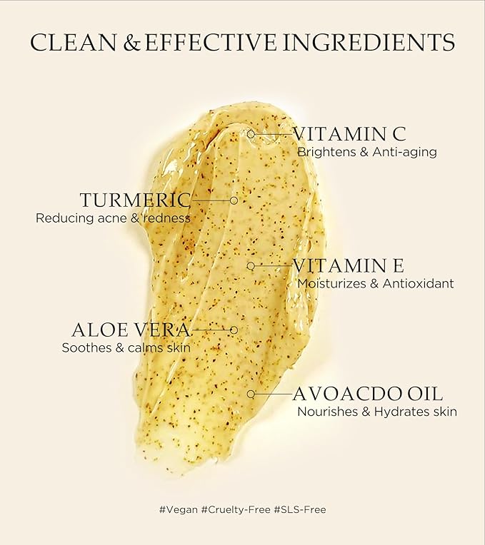 Vitamin C and Turmeric Face Scrub, Face Scrub for All Skin Types -Physical Scrub to Exfoliate Face & Body, Anti Aging Facial Exfoliating Scrub, Clears Blackheads Improve Dark Spots 4.23 Oz