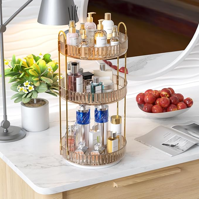 GTI 360°Rotating Makeup Organizer, 3 Tier Large Capacity Perfume Cosmetics Skincare Vanity Organizers,Bathroom Counter Organizer, Dresser Spinning Countertop Organizer and Storage for Women (Gold)