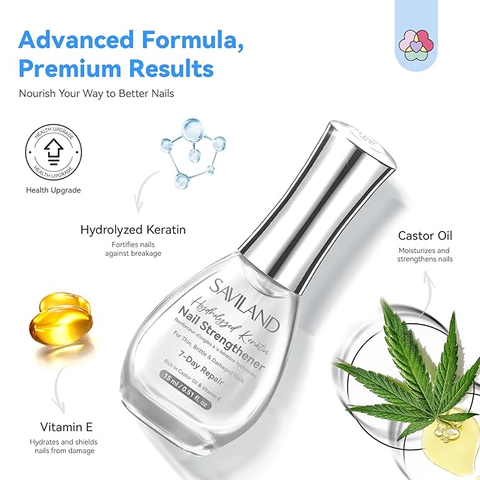SAVILAND Nail Strengthener: Clear Air Fast Dry Nail Growth for Damaged Nails Transparent Neutral Nail Polish Strengthening Repair Weak & Thin Nails Treatment with Castor Oil Vitamin E 15ml Women Gift
