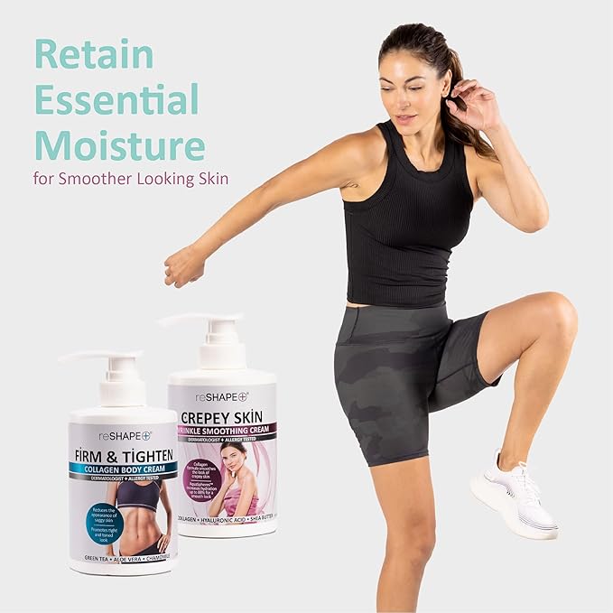 Reshape Collagen Body Cream + Crepey Skin Treatment Lotion Moisturizer Skin Care Set, Crepey Skin Cream Targets Wrinkles & Sagging Skin While Collagen Hydrates + Tightens Skin, 15 Fl Oz (Pack of 2)