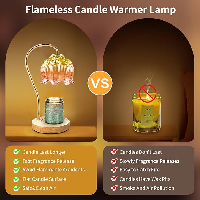 Dimmable Flower Candle Warmer Lamp, Fall Candle Warmer with Timer & 4Bulbs, Womens Gifts for Christmas Birthday, Unique Home Decor for Bedroom Fall Decor (Orange)