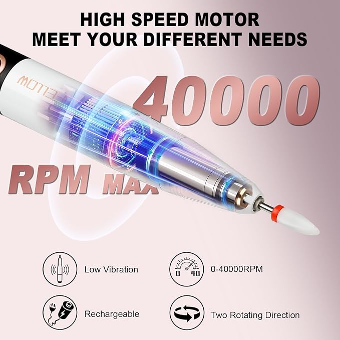 YOKE FELLOW Electric Nail Drill - 40000 RPM Protable Electric Nail File for Acrylic Cordless Nail Drill Professional with 17 Drill Bits for Nail Salon(YK-111Pro)