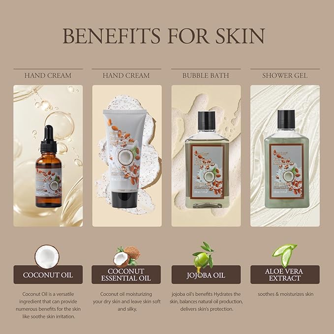 Coconut Almond spa kit, Bath and Body Gift Basket Christmas Gifts for Women & Men Spa Gift Basket,16 Pcs Bath Gift Set With Fragrant Lotion, Home Spa Luxurious Bath Body Oil, Diffuser & More